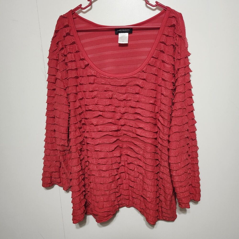 Travel Elements Red Tiered Ruffle Top Womens 3X 3/4 Sleeve Stretch Blouse